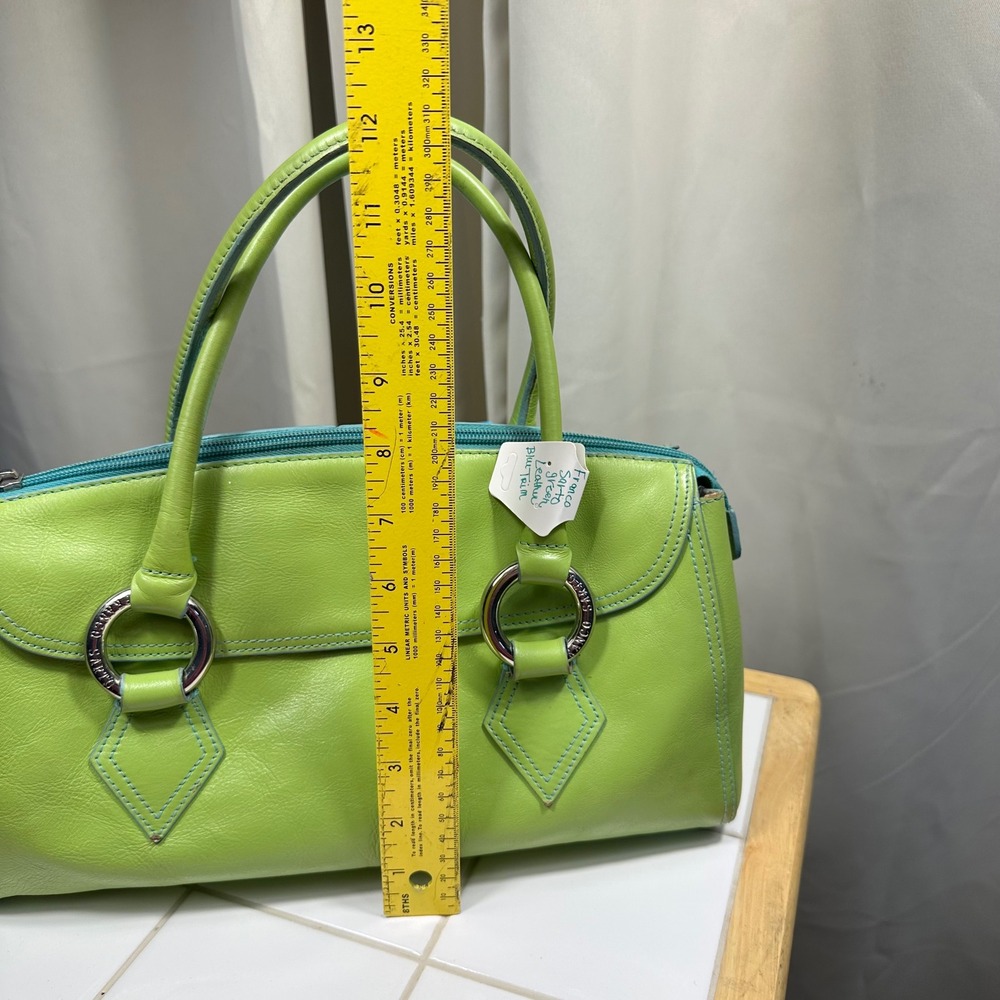 Franco Sarto Satchel Bag Womens Medium Lime Green Leather Blue Trim Excellent - Picture 4 of 8